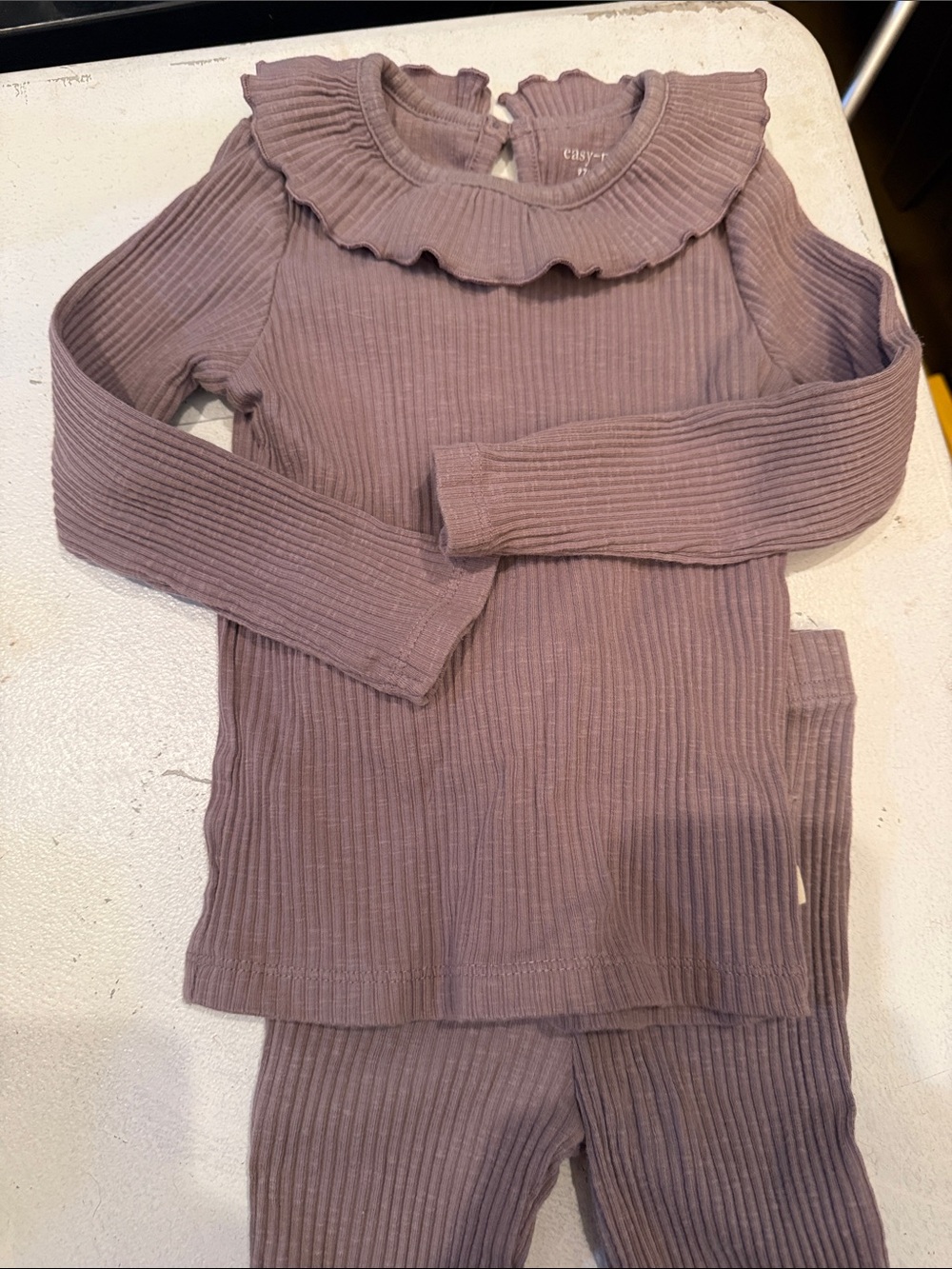Kids Ribbed Long-Sleeve Top with Ruffled Collar - Mauve size 3 t